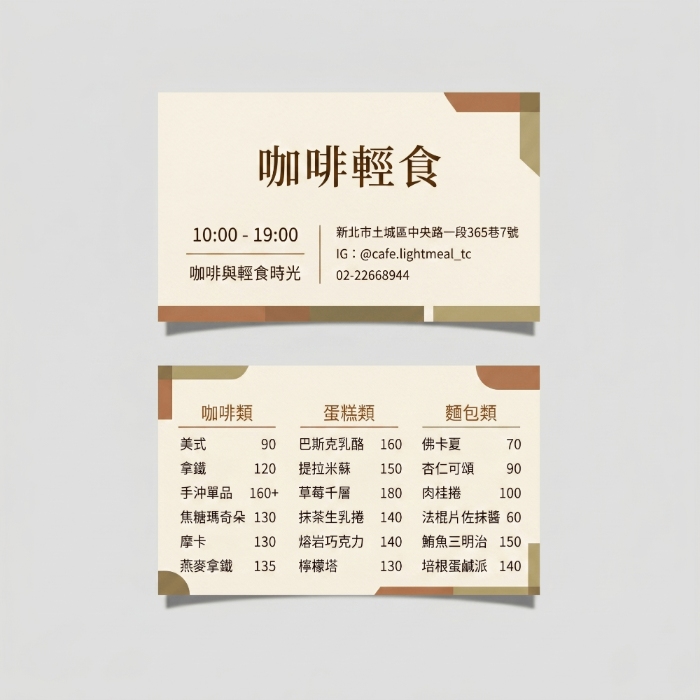 咖啡輕食：名片型菜單